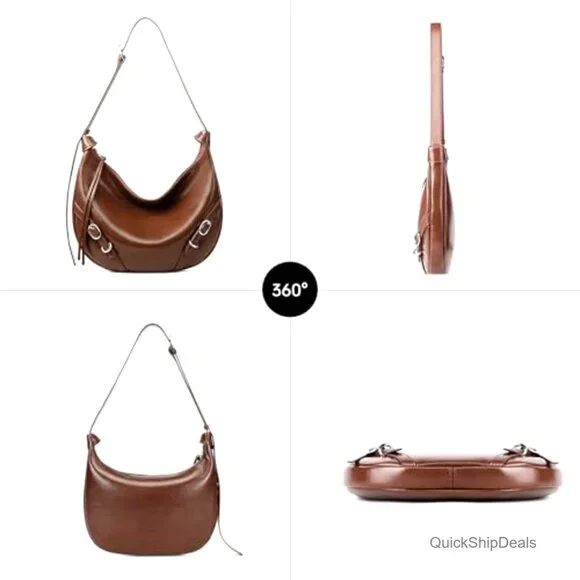 Vegan Leather Hobo Shoulder Bag Adjustable Strap Compact Travel Purse